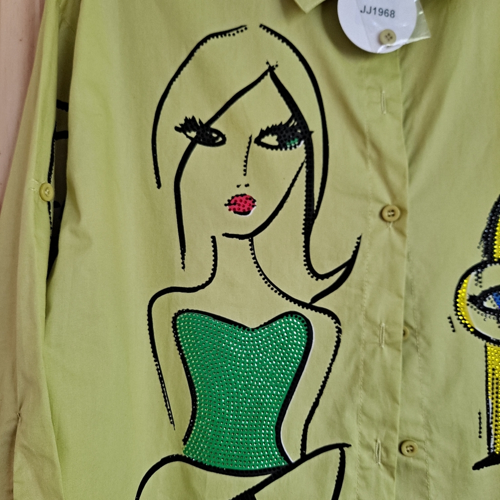Artistic Green Button-Up Shirt with Graphic Design Women Top Graphic Confidence